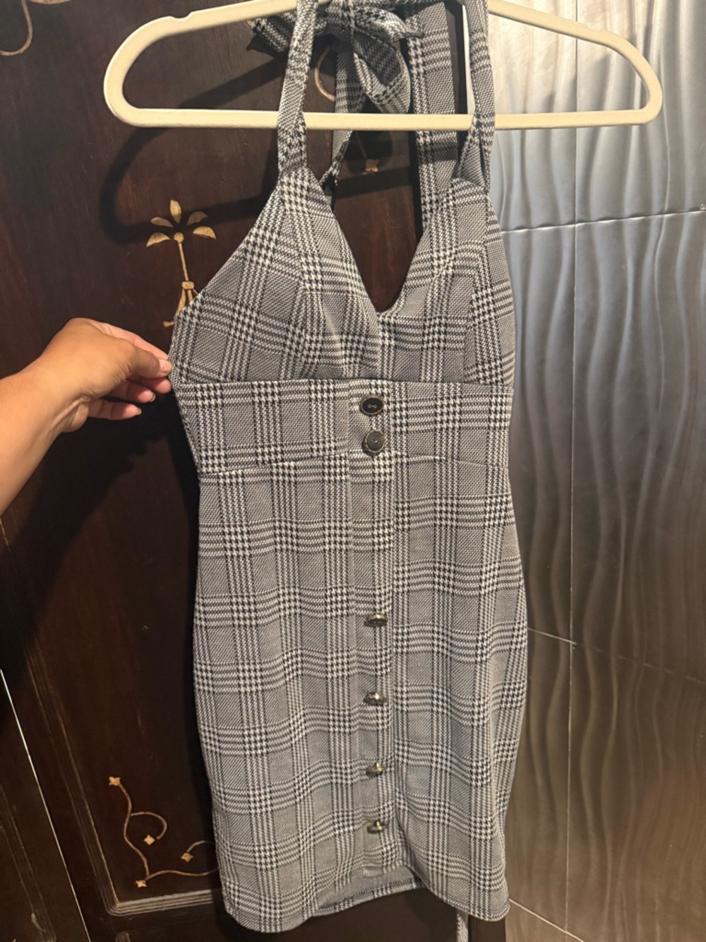 Plaid Halter Button-Front Mini Dress - Gray
